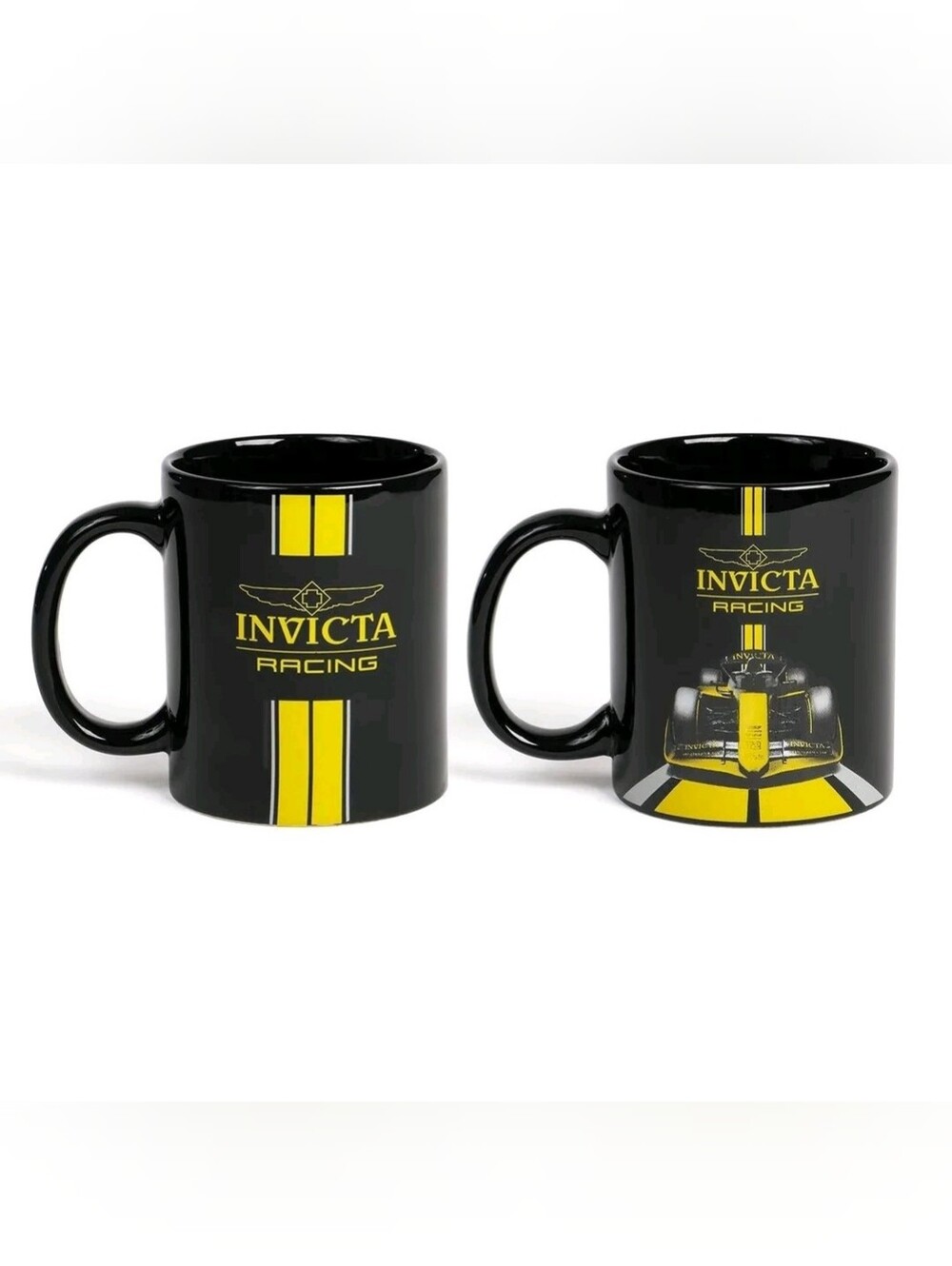 ☕️ NEW Invicta Set of 2 Ceramic F2 Racing Coffee Mugs Cups Black & Yellow IG0328